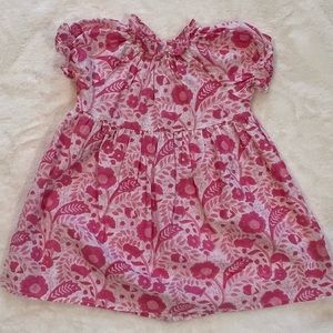Pink and White Linen Floral Dress-featuring a high ruffle neckline